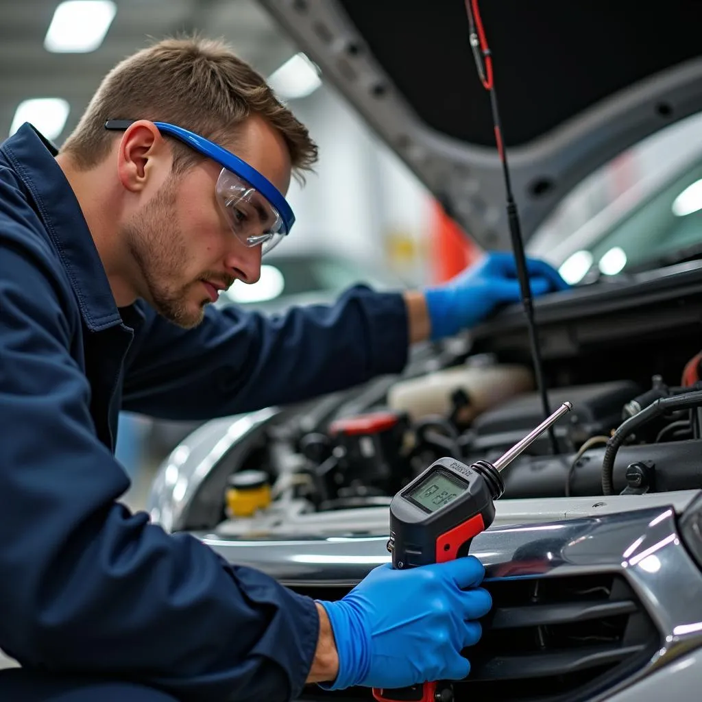 Car AC service technician working on a vehicle