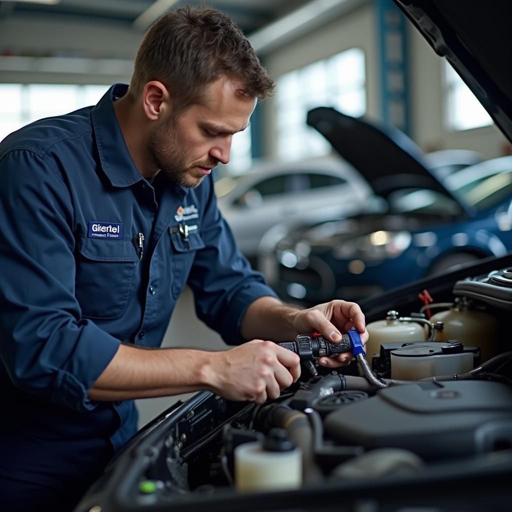 Car AC service technician checking refrigerant levels