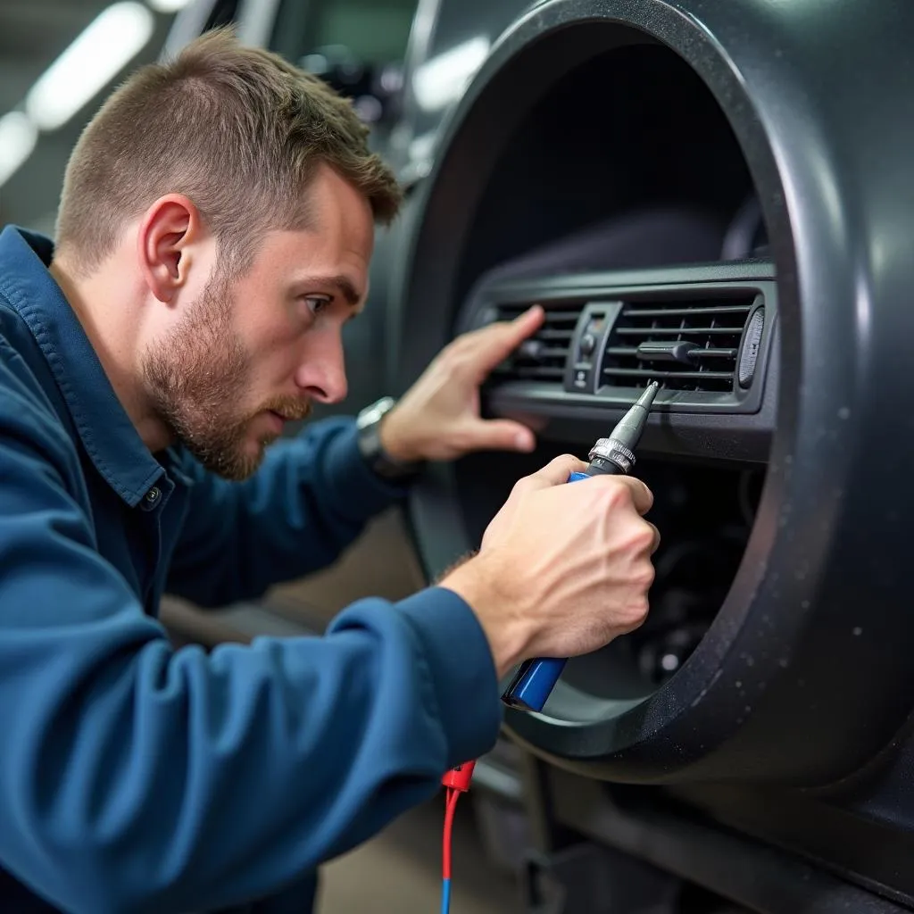 Close-up of a mechanic's hands using tools to repair car air conditioning system