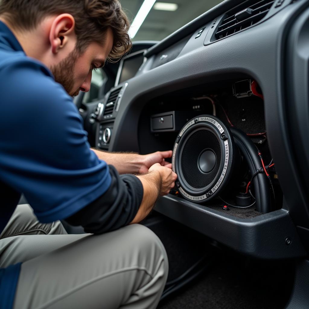 Technician Installing Car Audio System