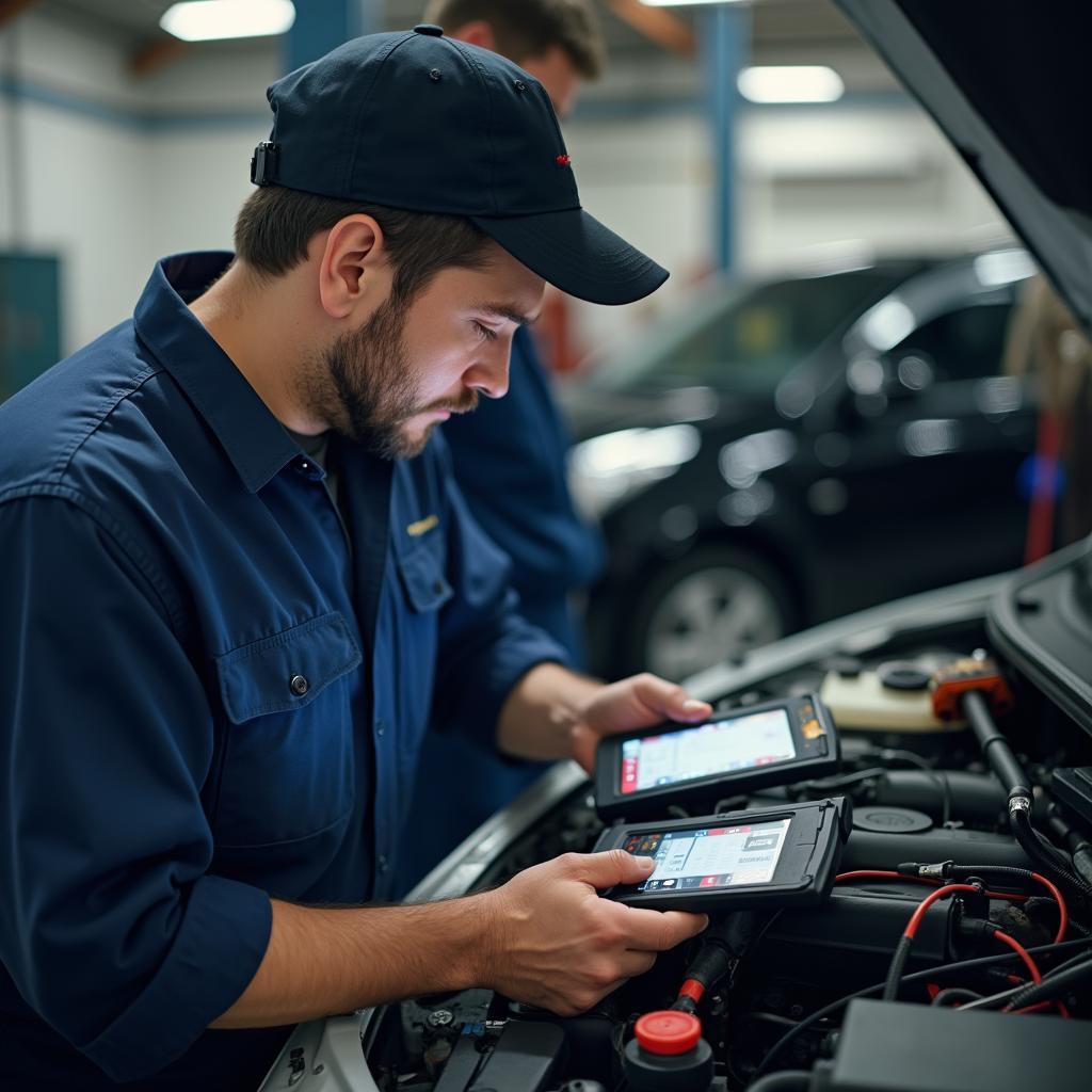 Mechanic checking car battery