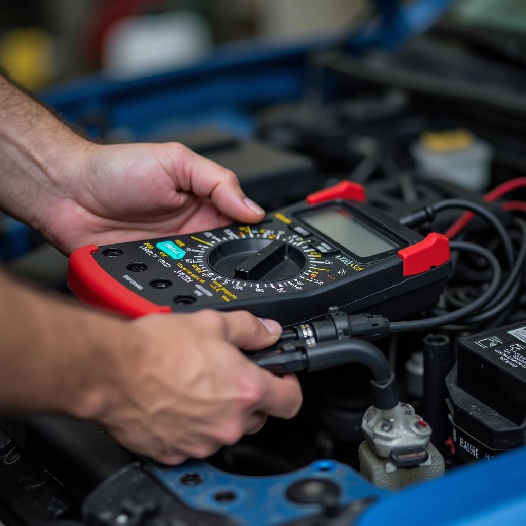 Mechanic checking car battery