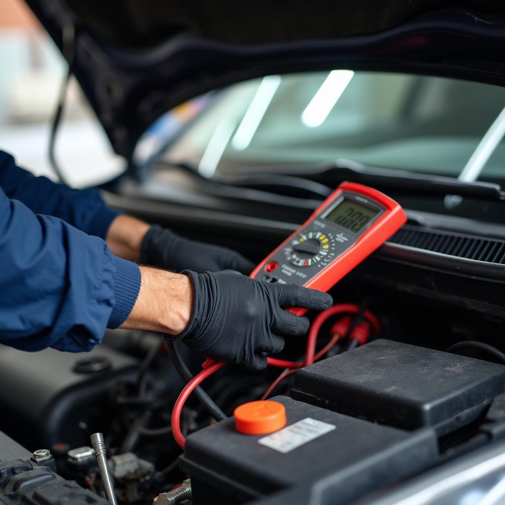 Auto Electrician Checking Car Battery in Cardiff