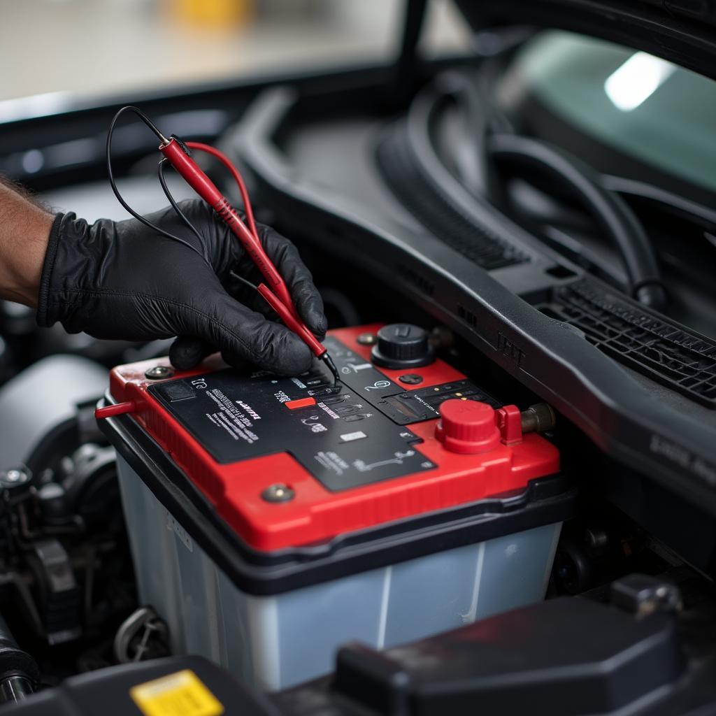 Mechanic using a multimeter to check car battery voltage