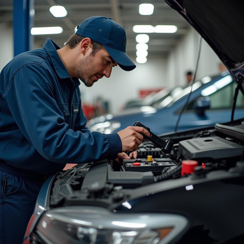  Mechanic Performing a Car Battery Checkup