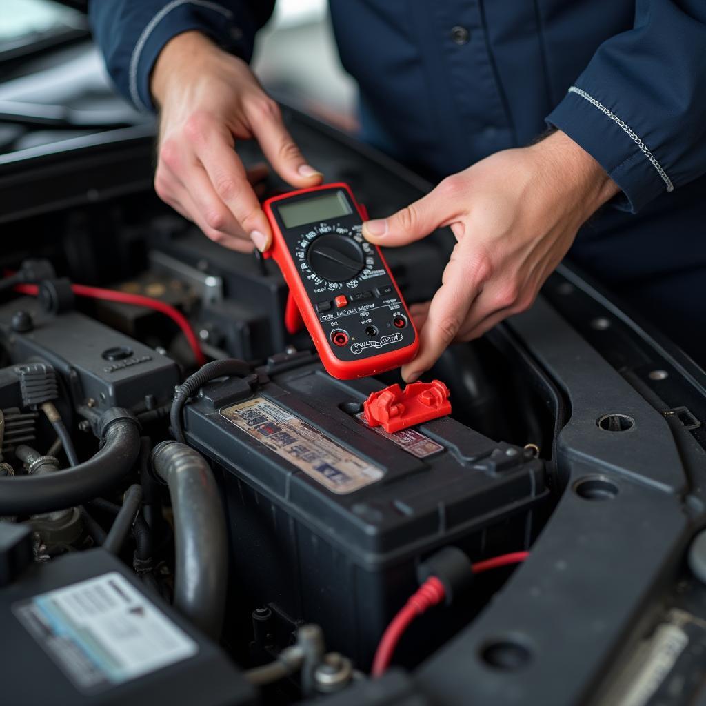 Mechanic Performing Routine Car Battery Check