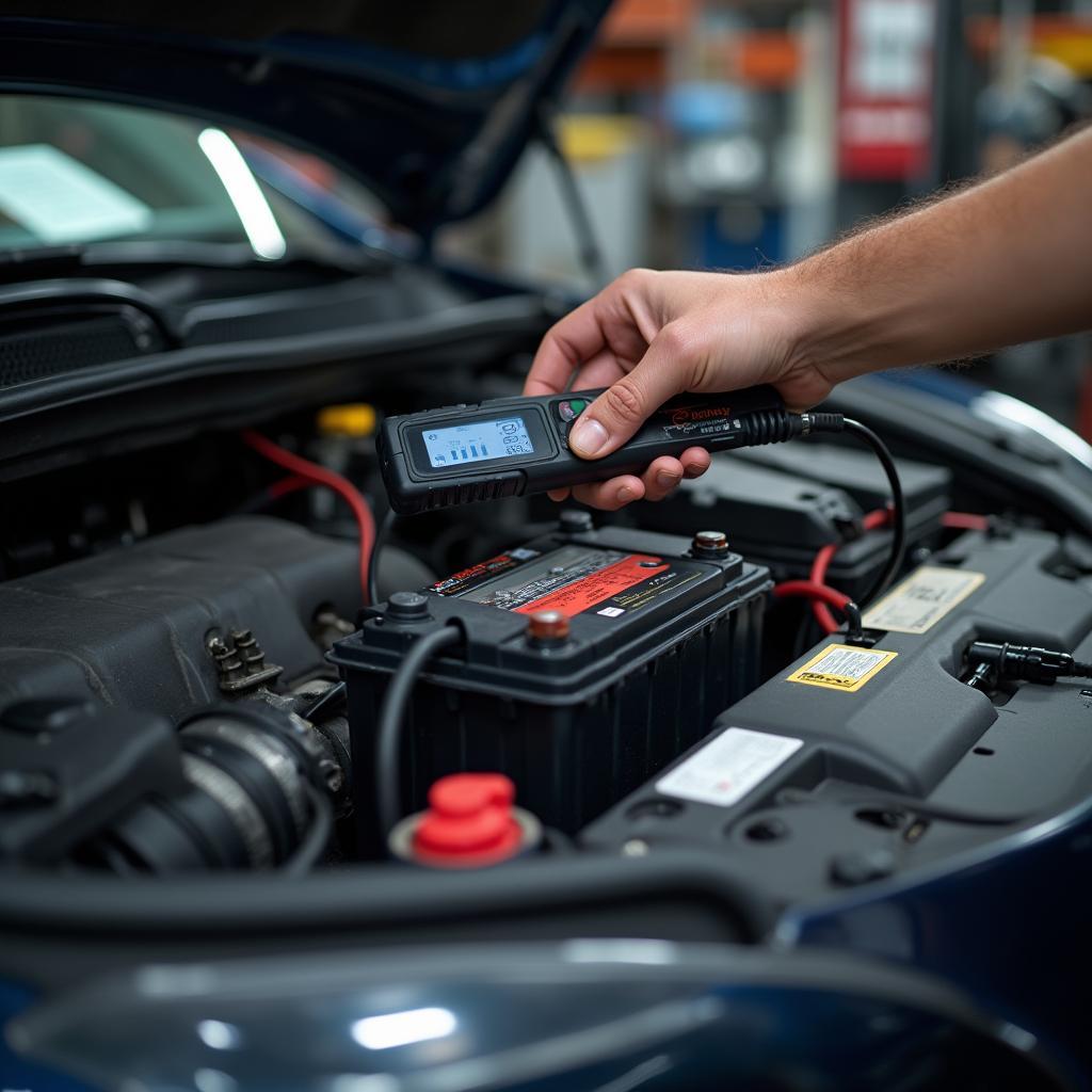 Mechanic inspecting car battery with diagnostic tool