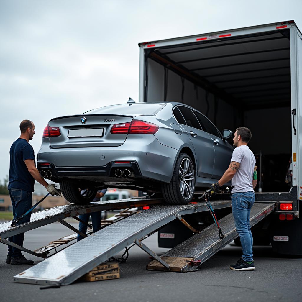 Car being loaded onto an auto transport truck