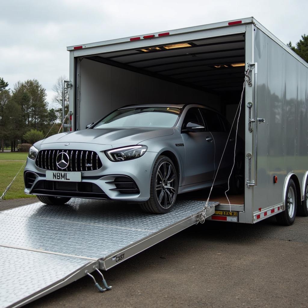 Car Being Loaded onto Enclosed Trailer