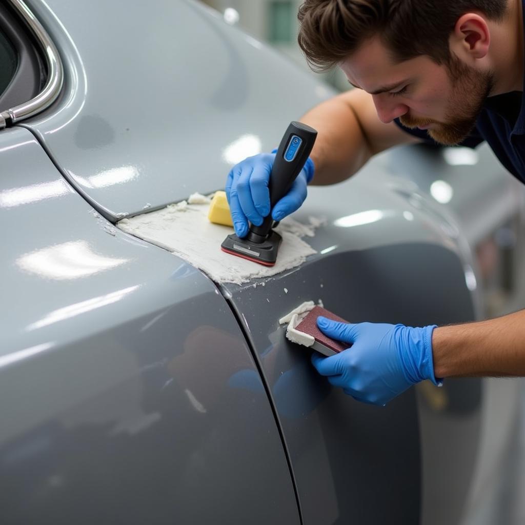 Car Body Repair Process Involving Filling and Sanding