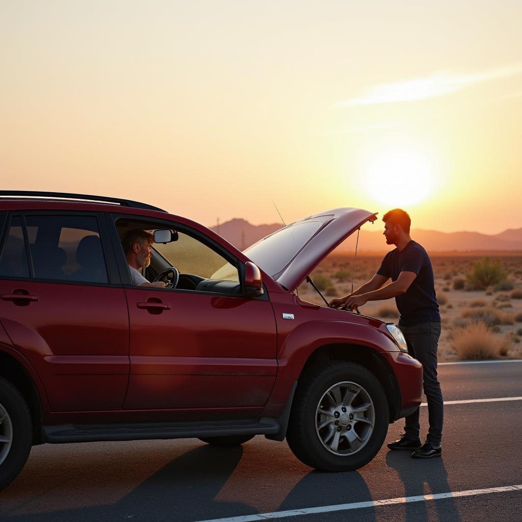 Car broken down on a desert road near Paradise, NV