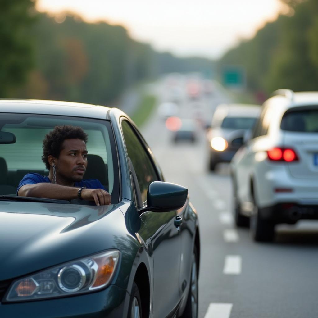 Frustrated driver with a broken down car on the side of a road in Newport News