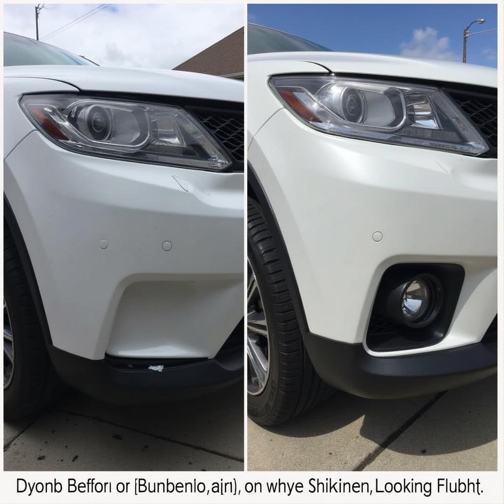 Before and after photos of a car bumper repaired by a mobile service.