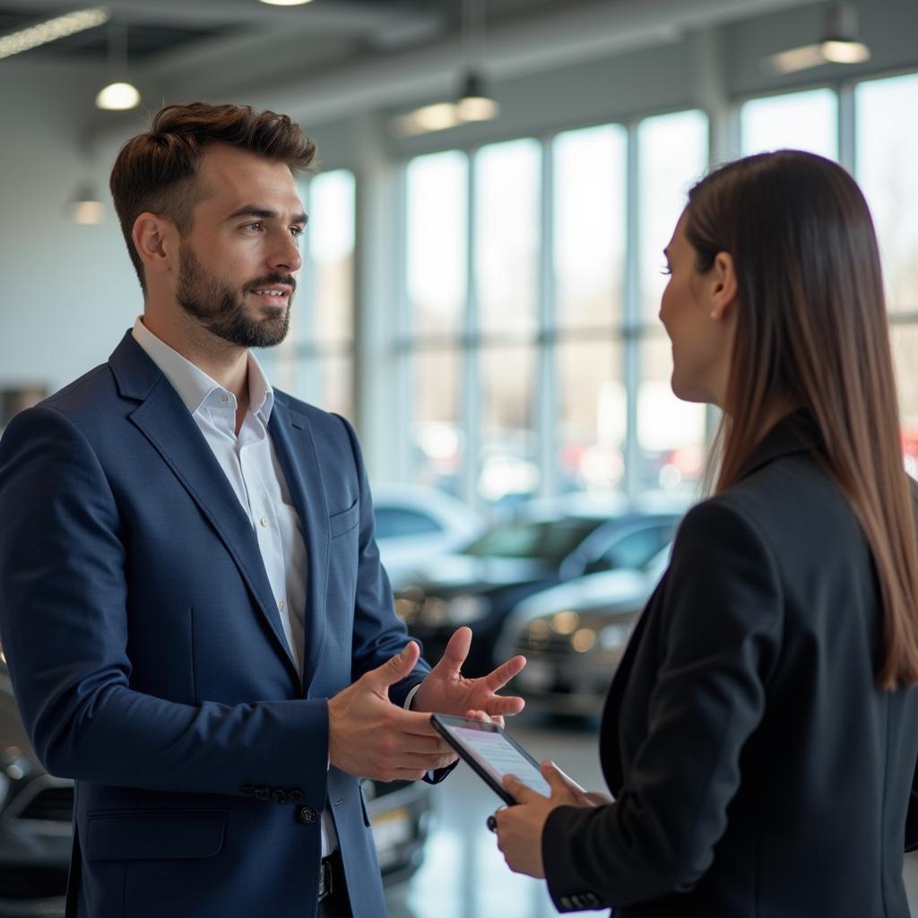 An auto buying service representative confidently negotiates a car price with a dealership representative