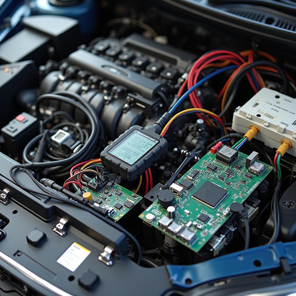 Various car computer modules laid out on a workbench.