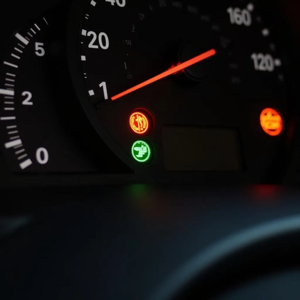 Car dashboard with warning lights illuminated