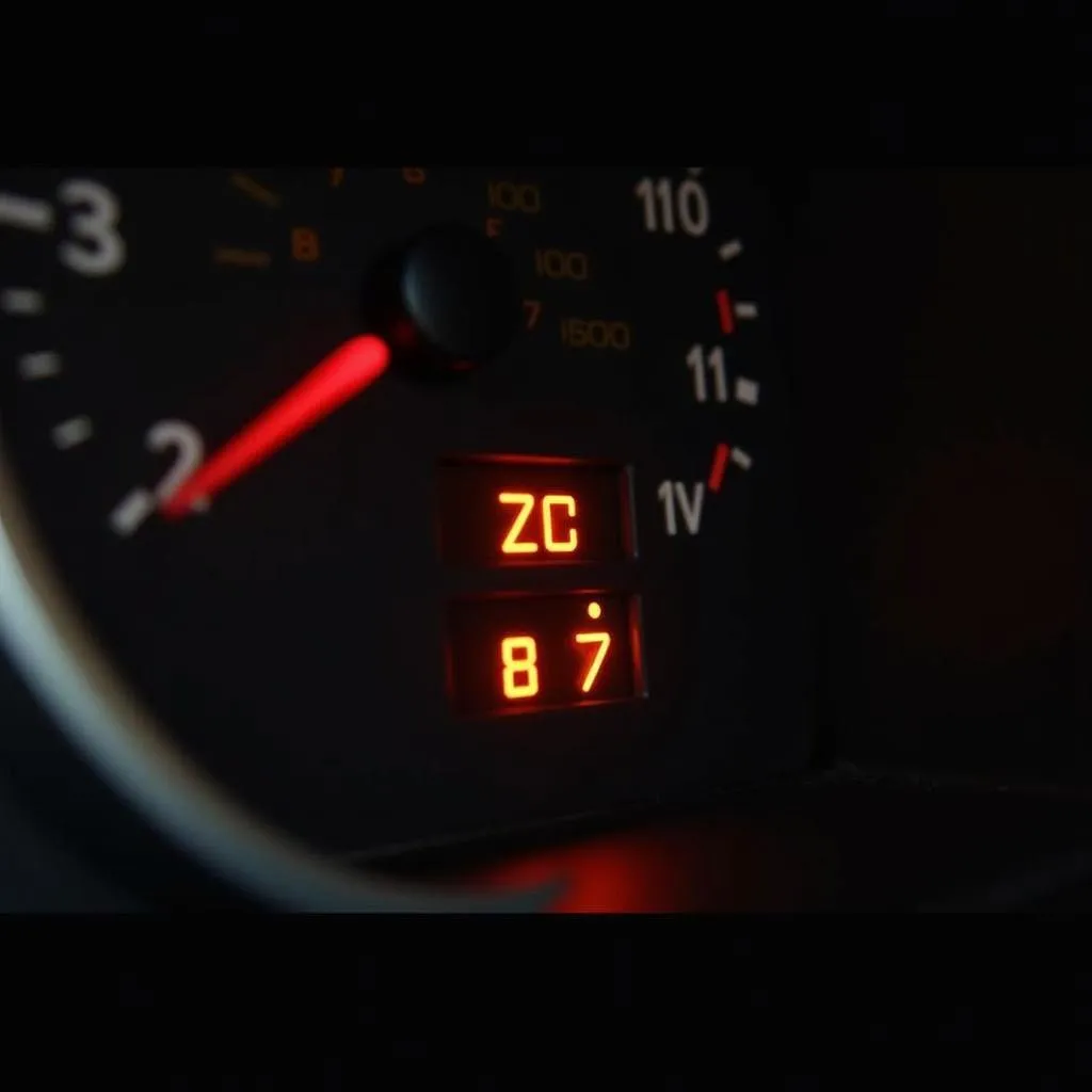 Car dashboard illuminated with warning lights.