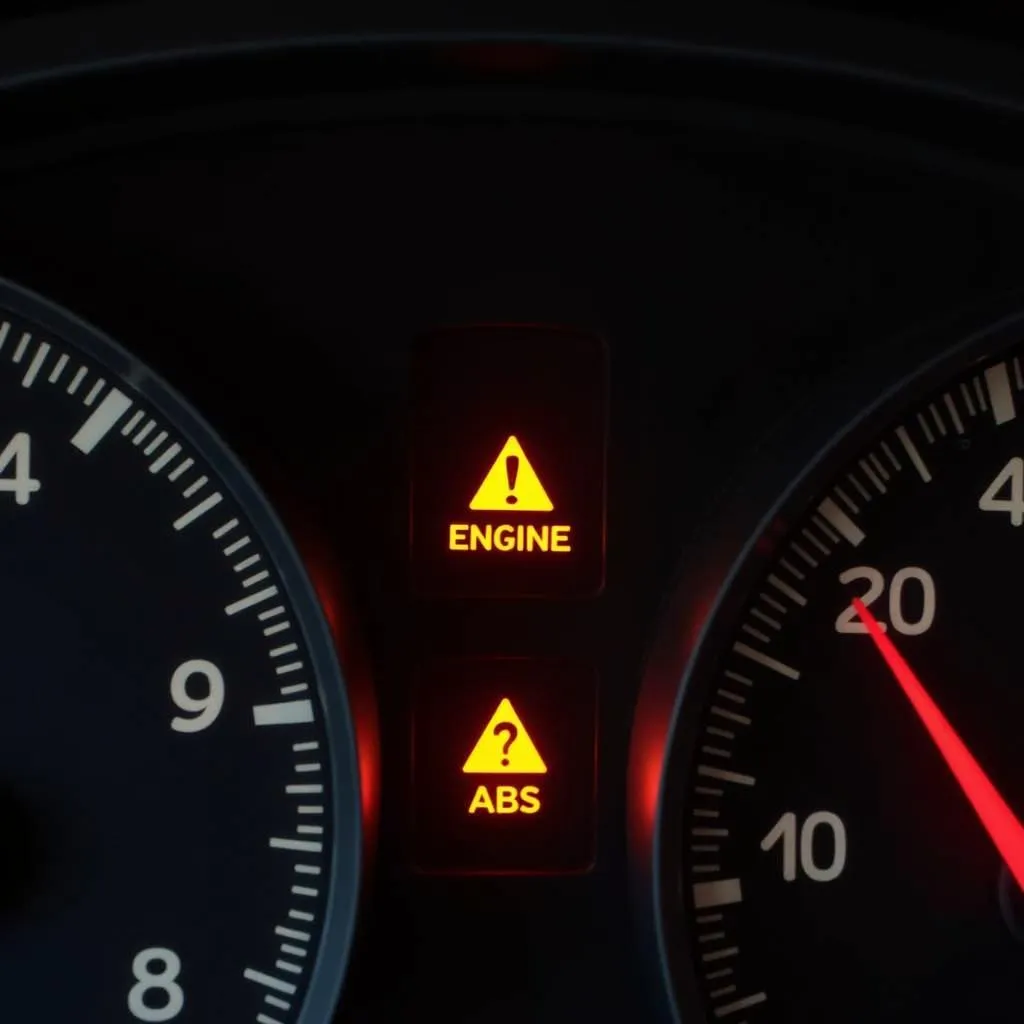 Car dashboard illuminated with warning lights