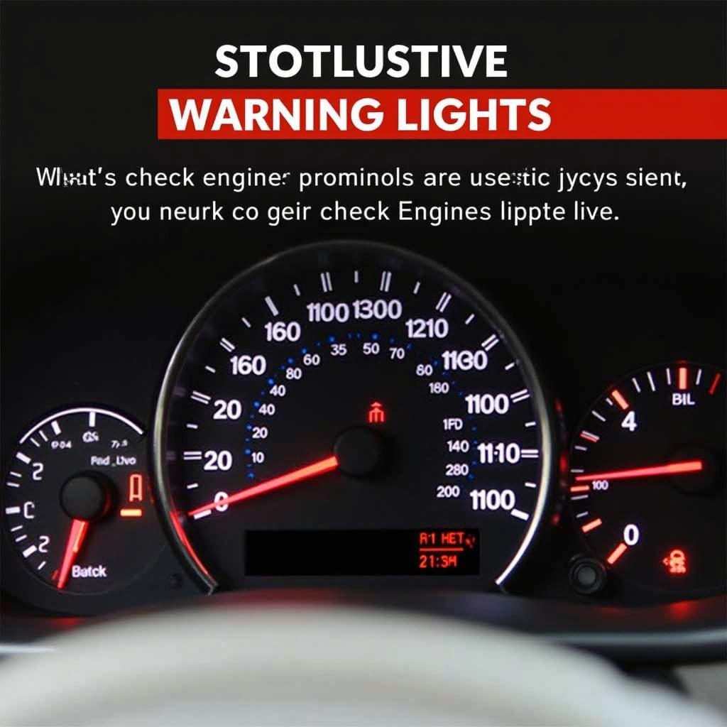 Car dashboard illuminated with warning lights, including the check engine light