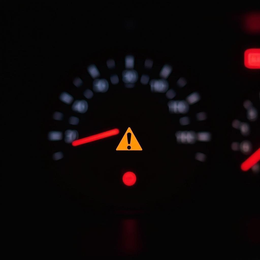 Close-up of various warning lights illuminated on a car dashboard