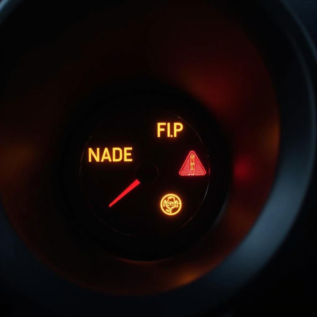 Close-up of various car dashboard warning lights, including the check engine light.