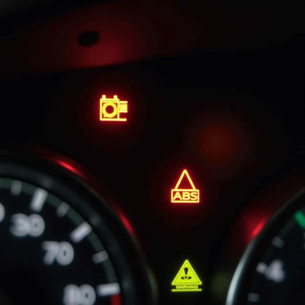 car dashboard illuminated with warning lights