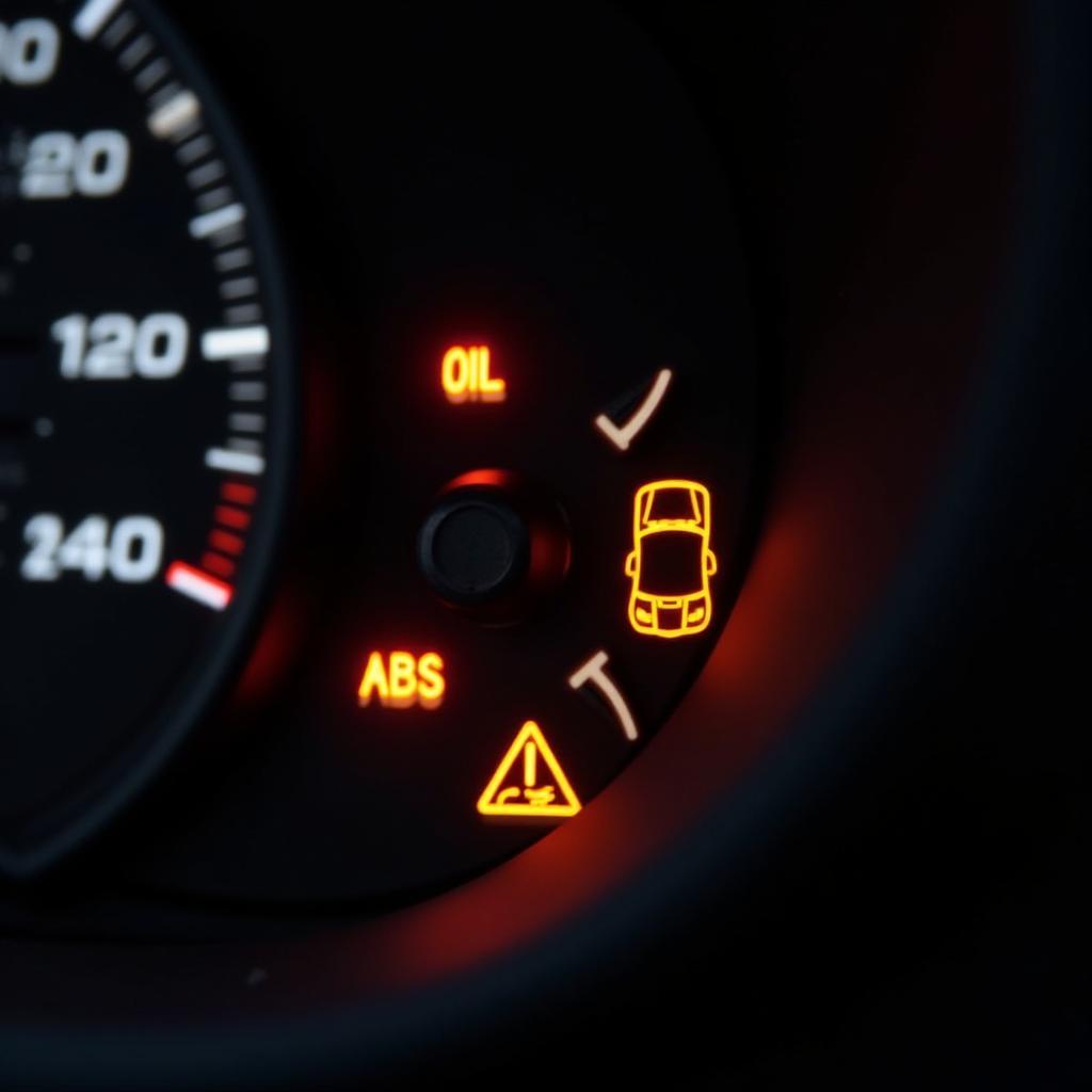 Car dashboard with multiple warning lights illuminated