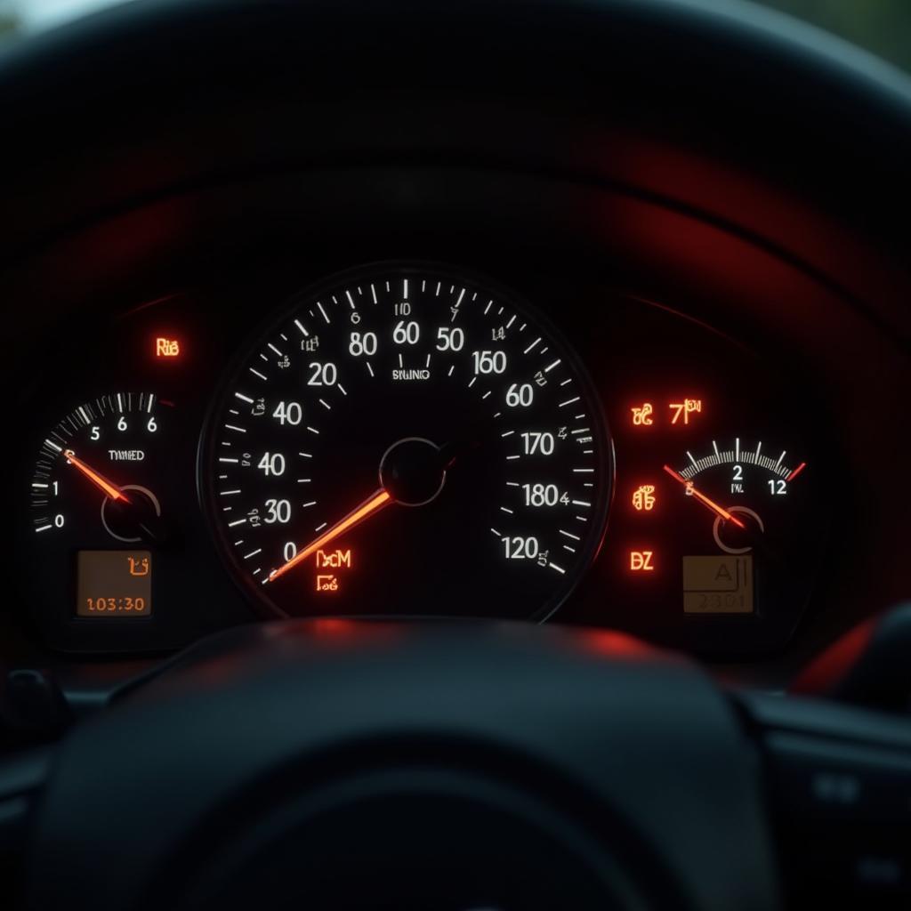 Car dashboard with illuminated warning lights.