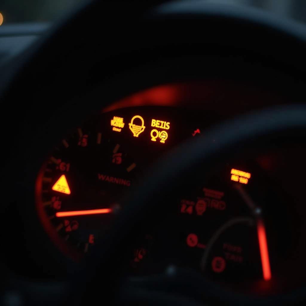 Close up of a car dashboard with warning lights illuminated