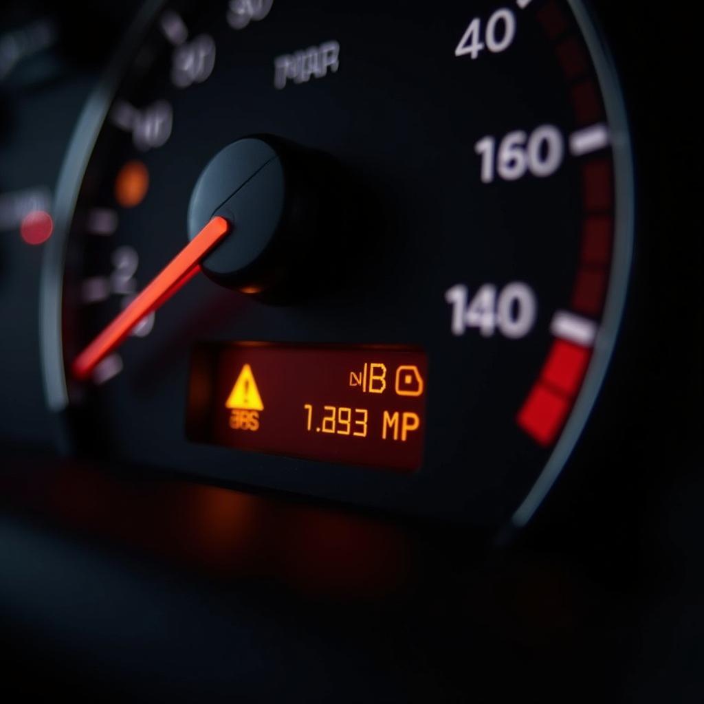 Car dashboard illuminated with various warning lights