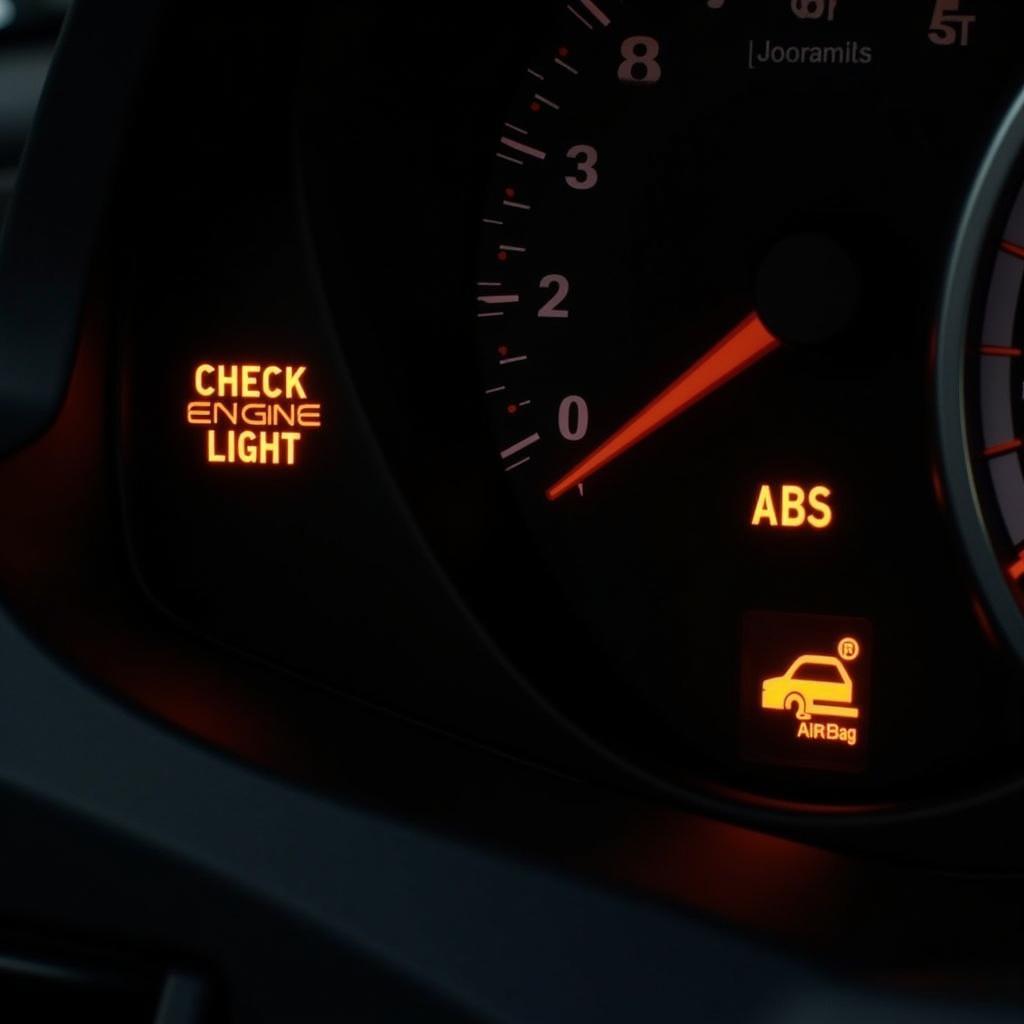 Car dashboard illuminated with multiple warning lights