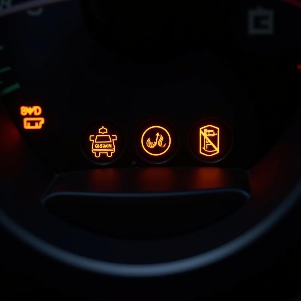 Car dashboard illuminated with multiple warning lights