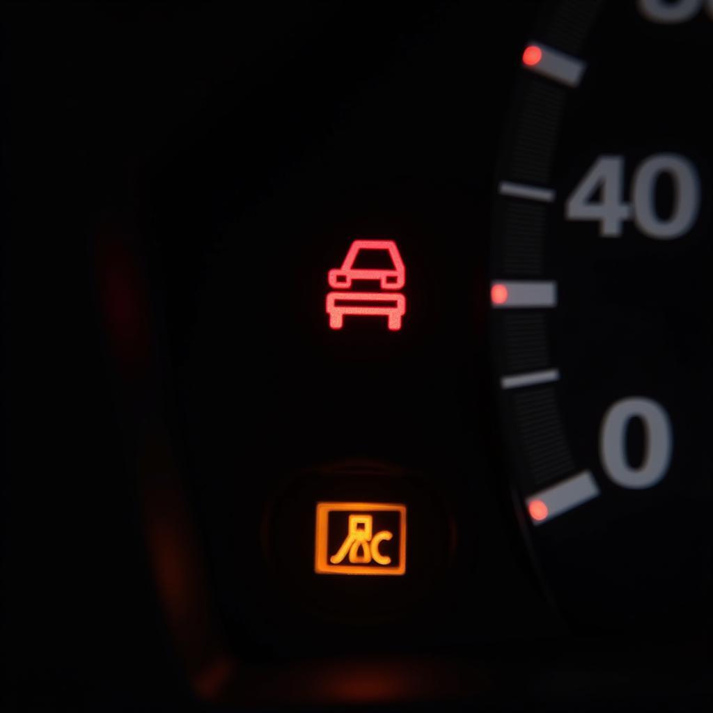 Dashboard with various warning lights illuminated