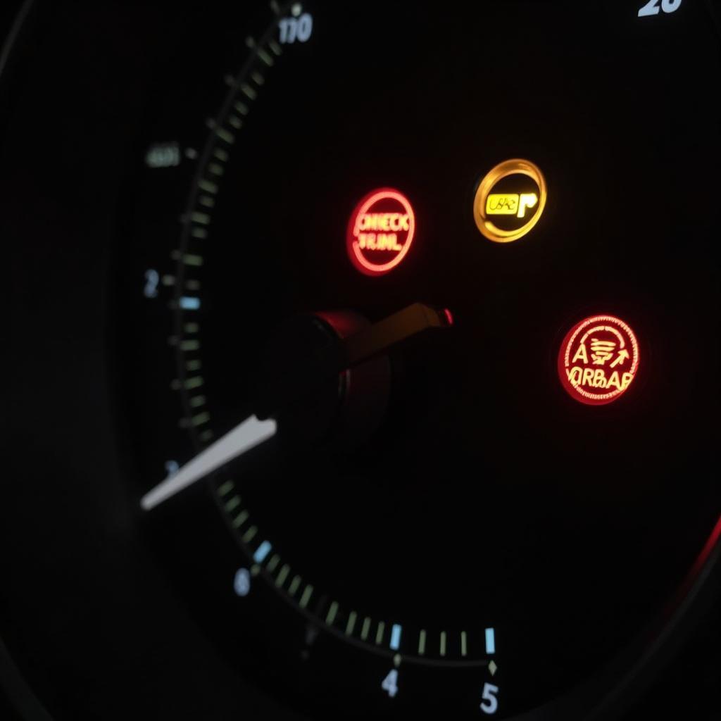 Car dashboard illuminated with multiple warning lights