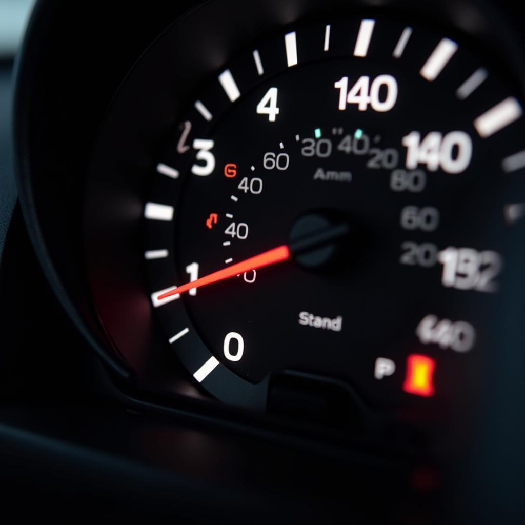 Close up of a car dashboard with the check engine light illuminated