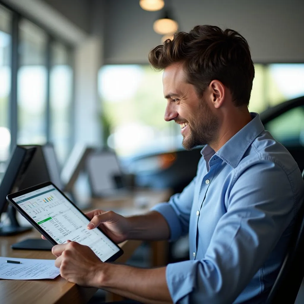 Car Dealership Owner Reviewing Payroll Reports