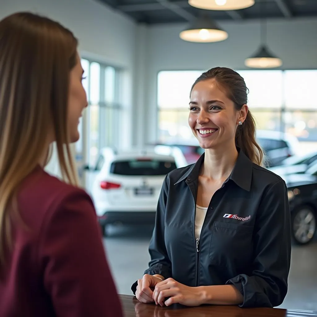 Car dealership service advisor talking to customer