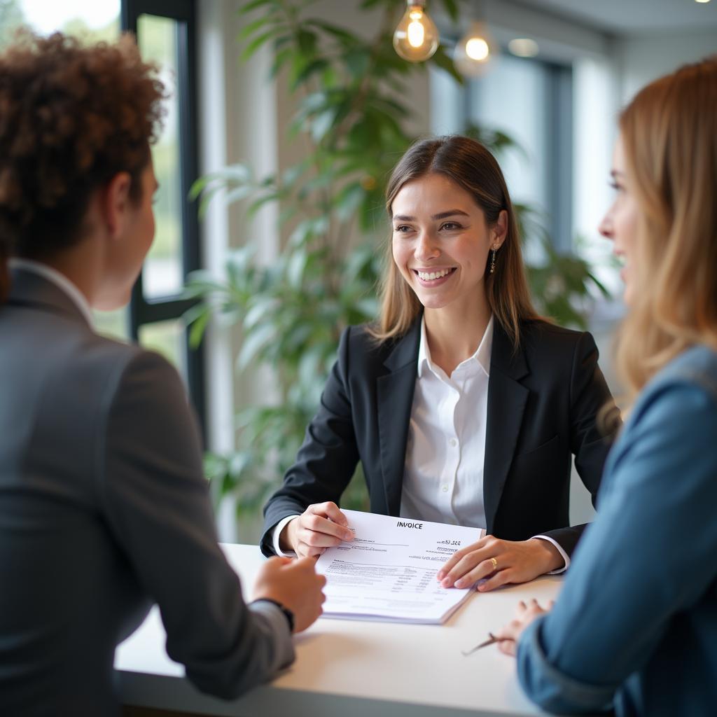  A service advisor at a car dealership desk explaining an invoice to a customer