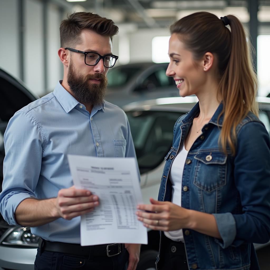 Car Dealership Service Advisor Explaining Repair Invoice to Customer