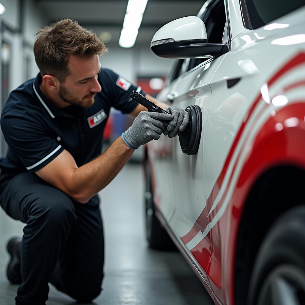  A car detailing expert inspects a car wrap for imperfections.