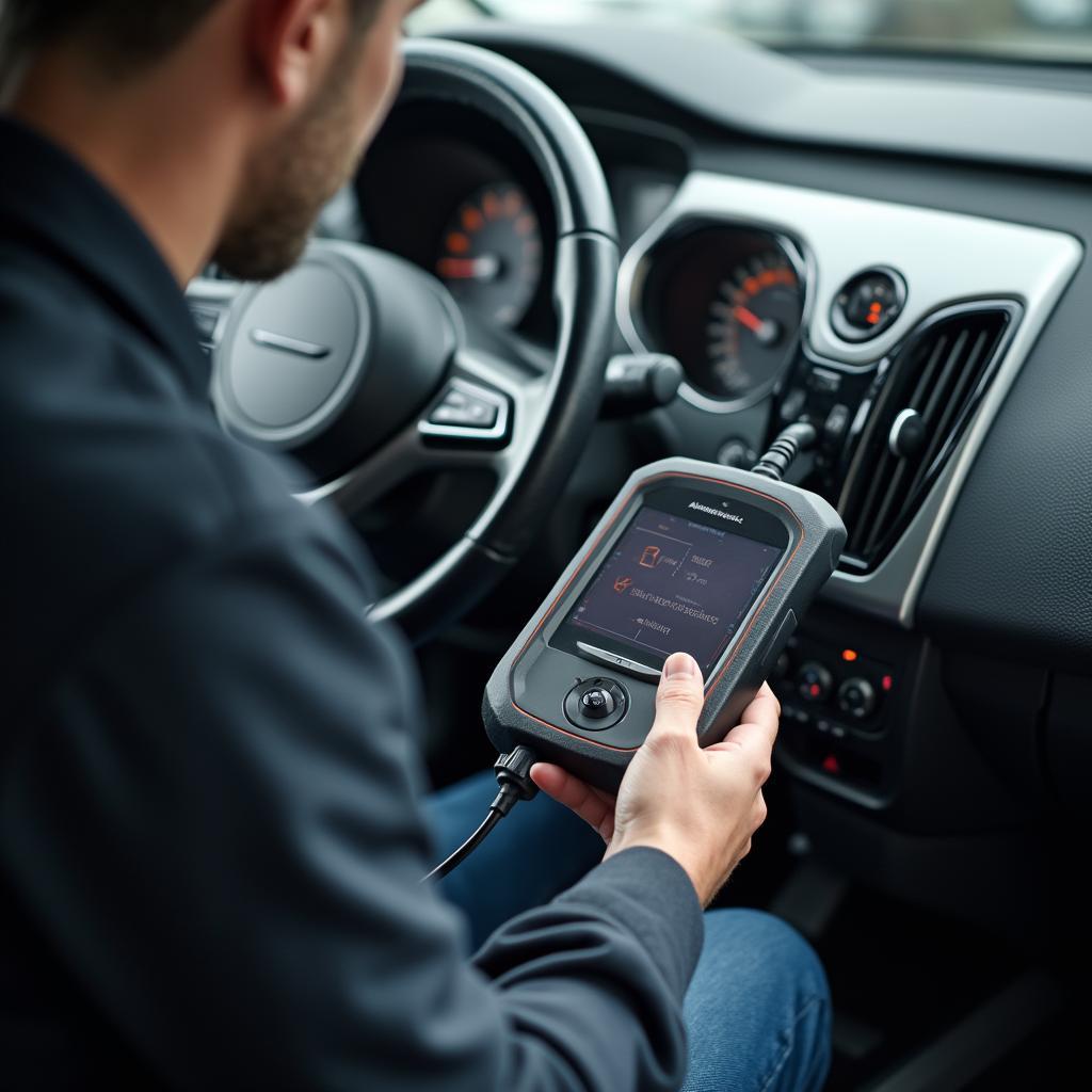 Mechanic using a diagnostic tool on a car at Arrow Auto Services