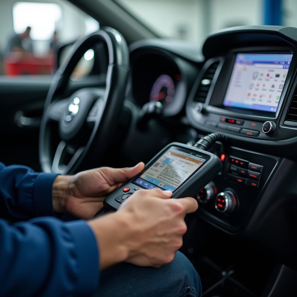 Mechanic using a diagnostic tool on a car in a delta auto service