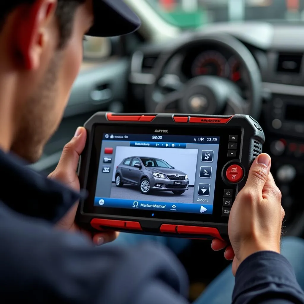 Technician Using Advanced Car Diagnostic Equipment