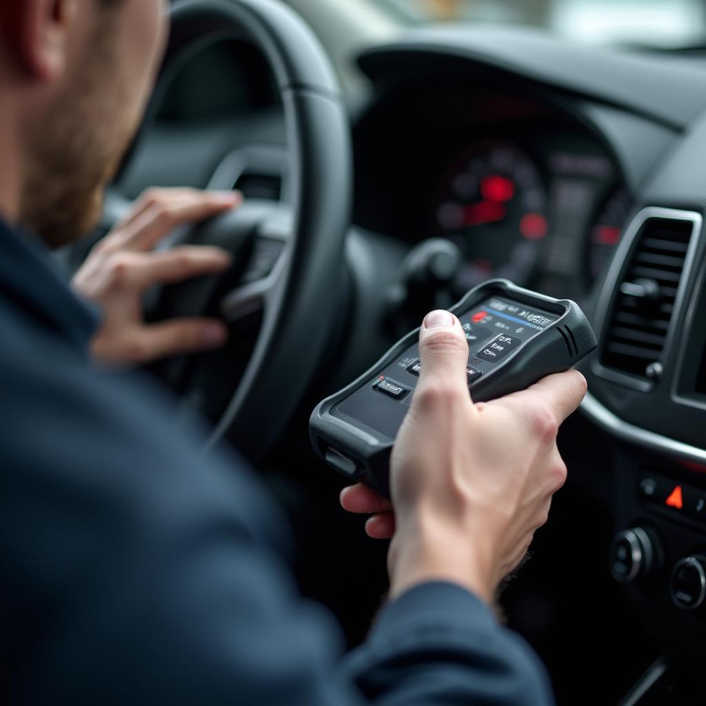 Mechanic using diagnostic equipment on a car