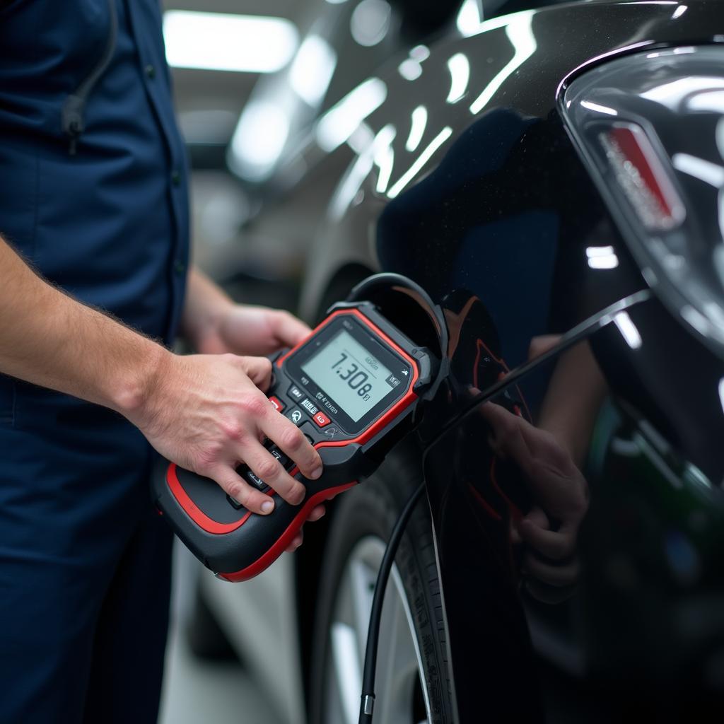 Mechanic using advanced car diagnostic equipment