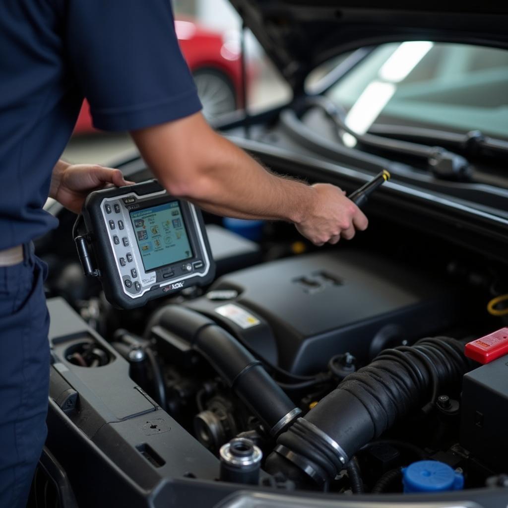 Close-up of a mechanic using a diagnostic tool on a car's engine