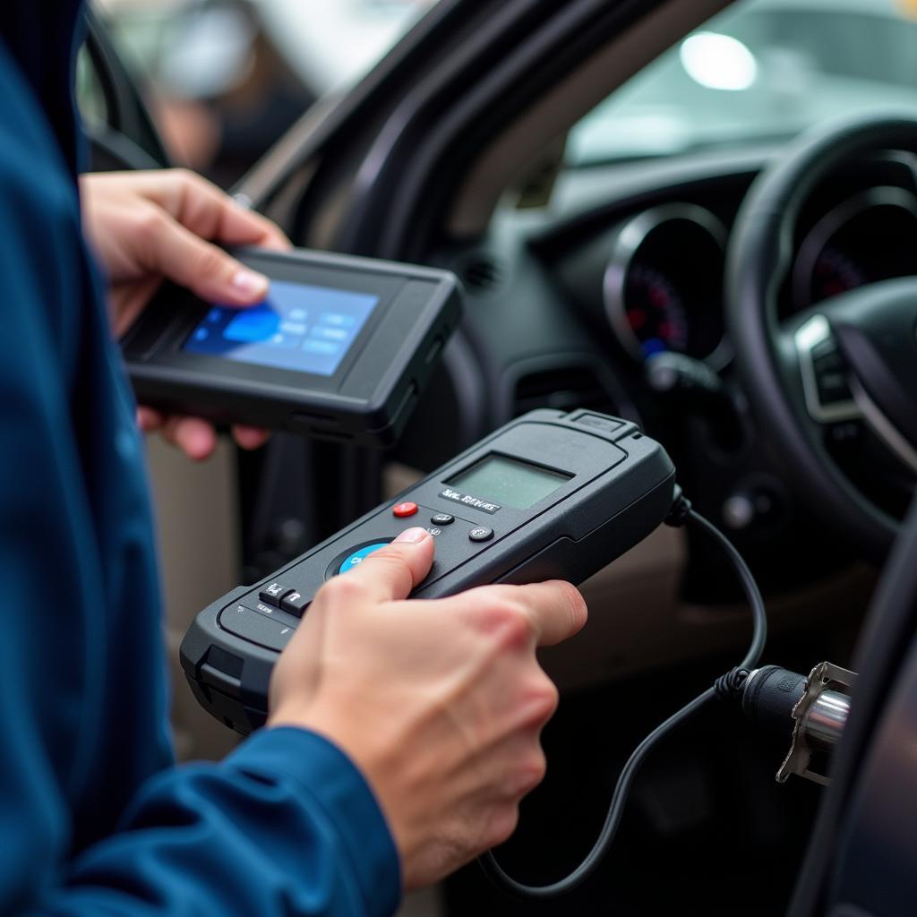 Modern car diagnostic equipment in use