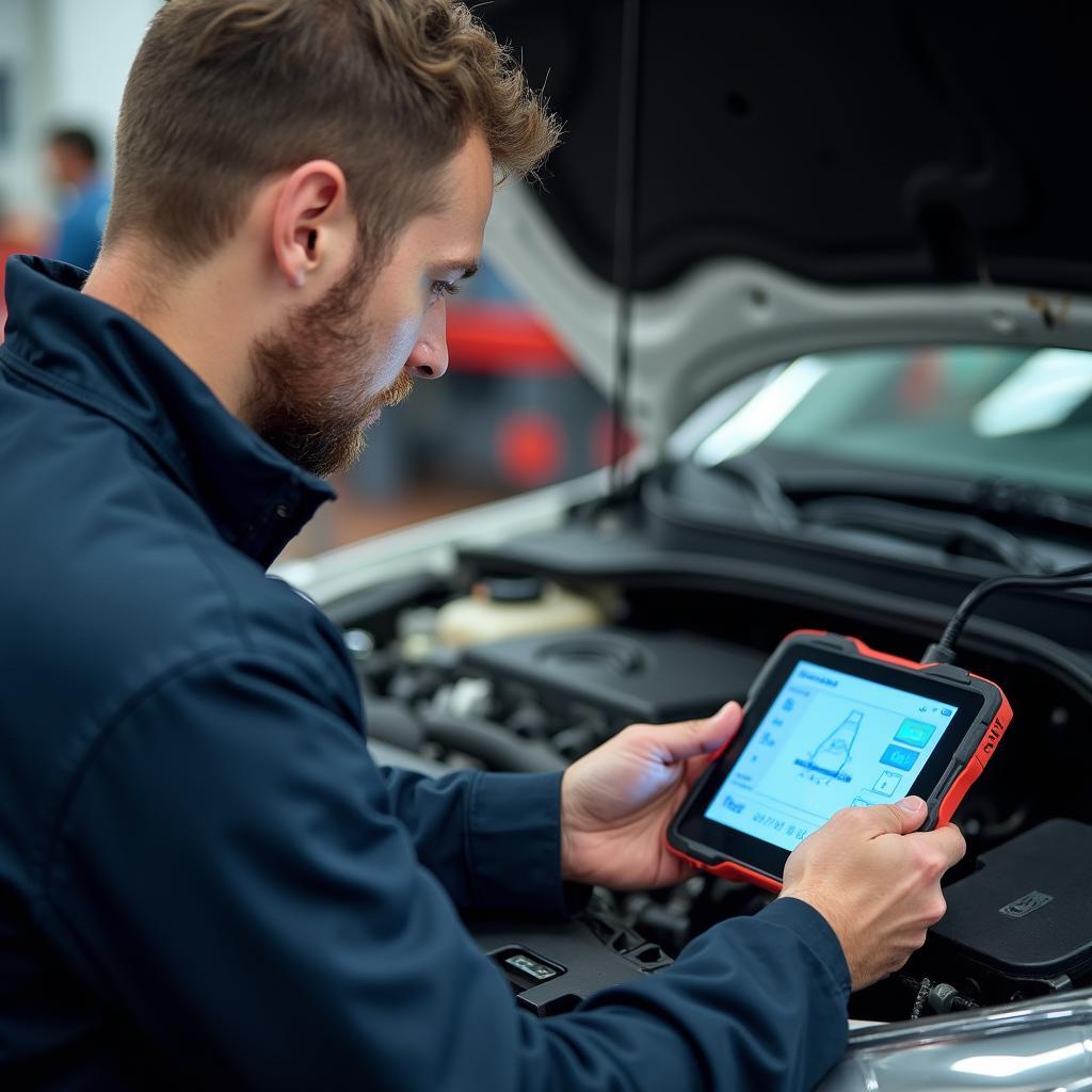 Mechanic using advanced diagnostic equipment on a car in Arleta