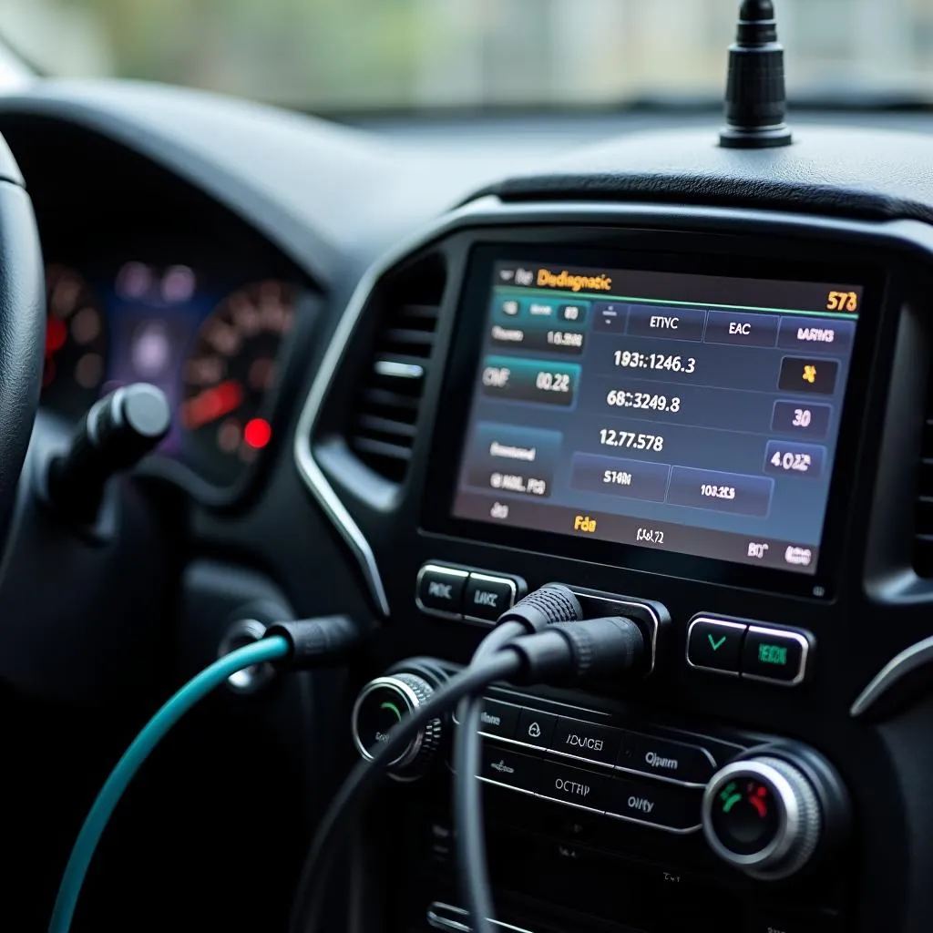 Car diagnostic equipment connected to a car's dashboard