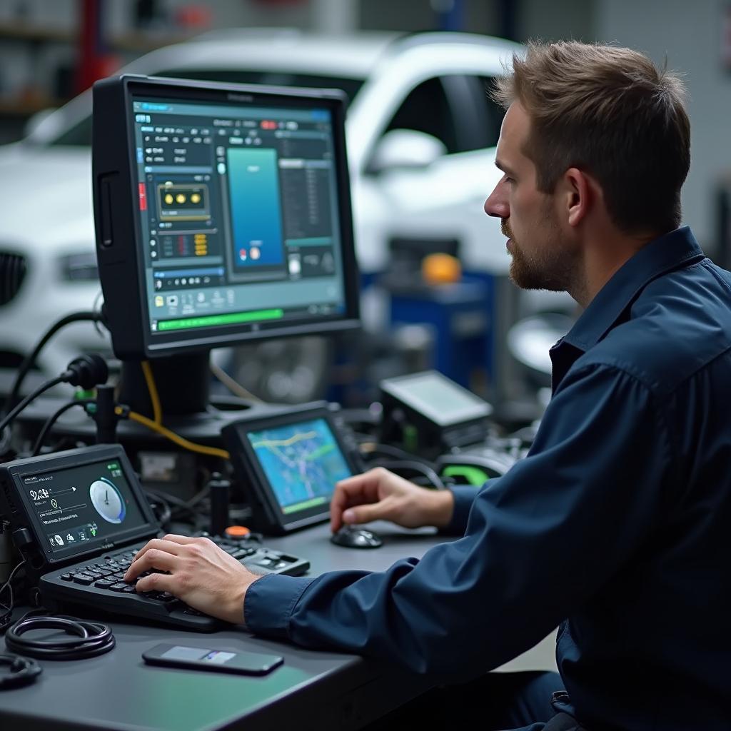 A close-up of modern car diagnostic equipment being used by a mechanic in Fresno.